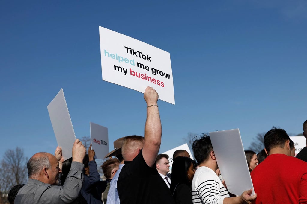 Participants hold signs in support of TikTok outside the US Capitol Building in Washington in March. Photo: Getty Images/AFP Participants hold signs in support of TikTok outside the US Capitol Building in Washington in March. Photo: Getty Images/AFP