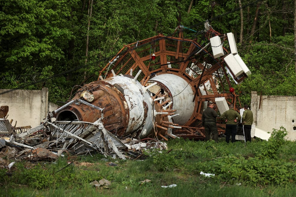 Part of a television tower partially destroyed by a Russian missile strike in Kharkiv, Ukraine. Photo: Reuters