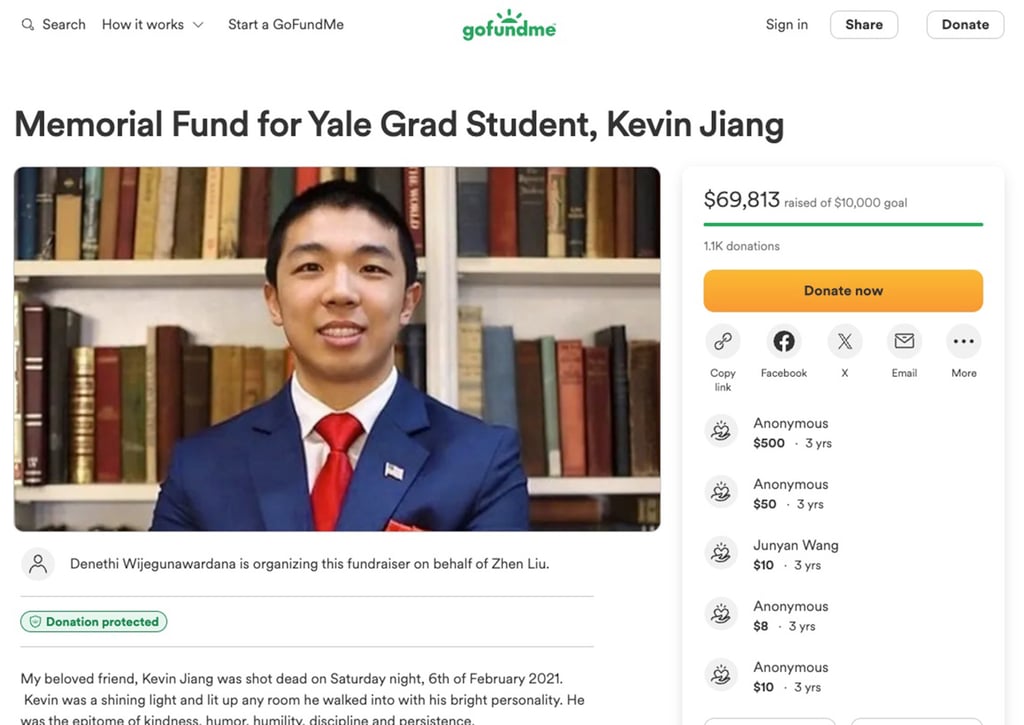 A screenshot shows a fundraiser for a memorial site for Yale graduate student Kevin Jiang. Image: GoFundMe via TNS A screenshot shows a fundraiser for a memorial site for Yale graduate student Kevin Jiang. Image: GoFundMe via TNS