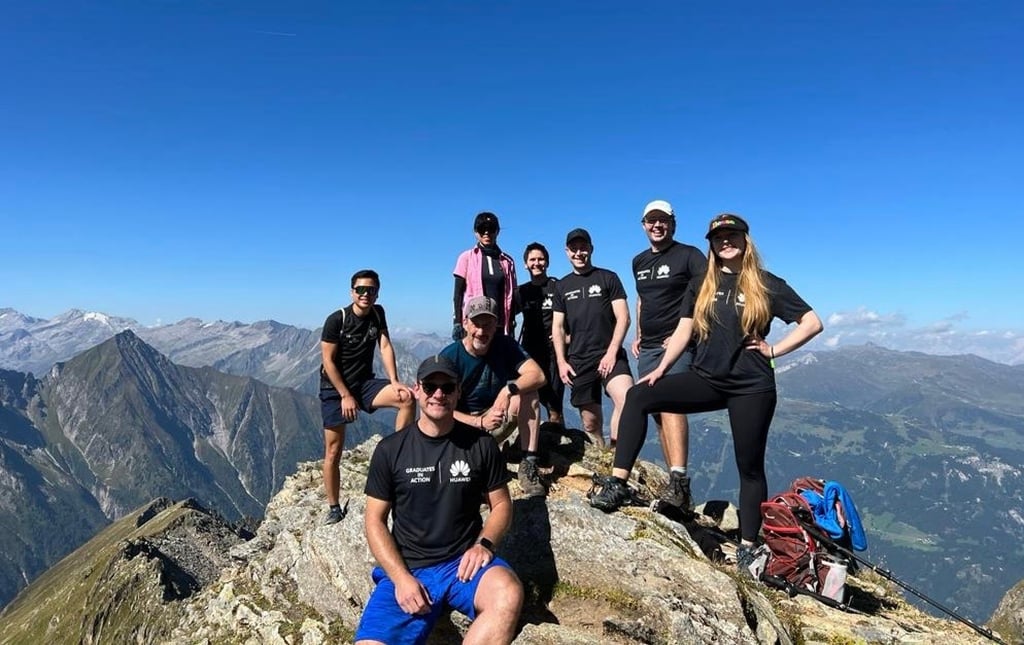 Michalina Milczarczyk (far right) during a mountain hike with a group of her Huawei colleagues from the conglomerate’s European headquarters in Düsseldorf, Germany.