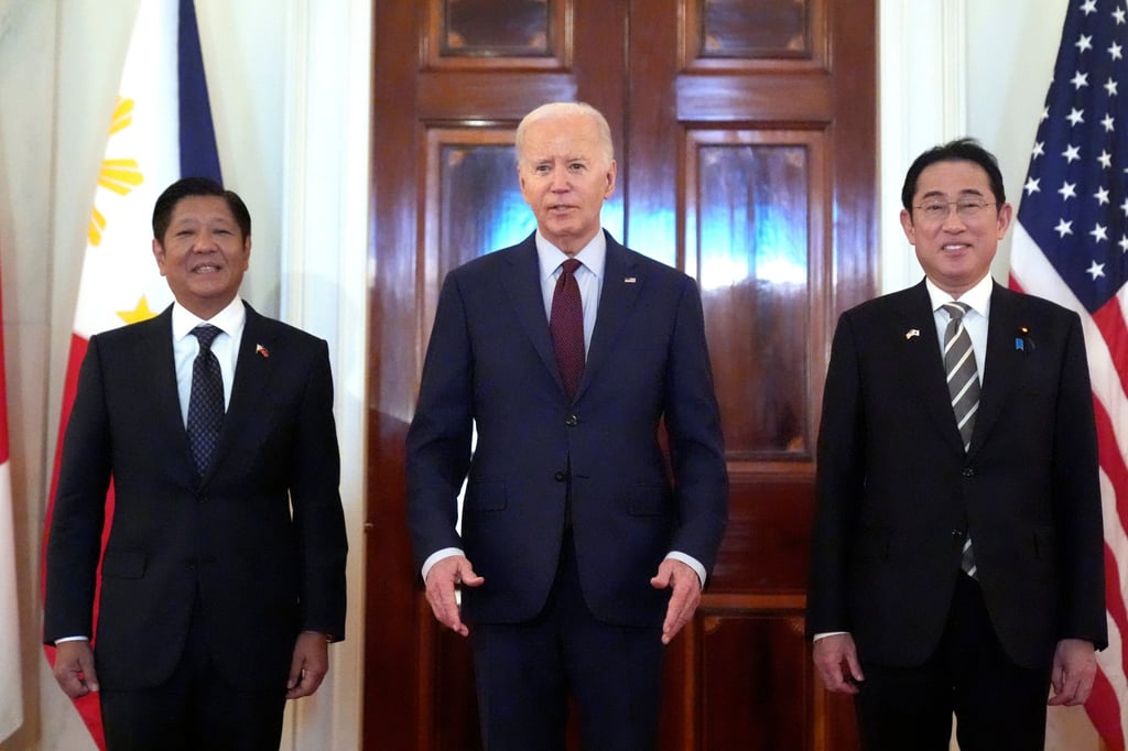 (From left) Philippine President Ferdinand Marcos Jnr, US President Joe Biden and Japanese Prime Minister Fumio Kishida before their trilateral meeting in the White House on April 11. Photo: AP (From left) Philippine President Ferdinand Marcos Jnr, US President Joe Biden and Japanese Prime Minister Fumio Kishida before their trilateral meeting in the White House on April 11. Photo: AP