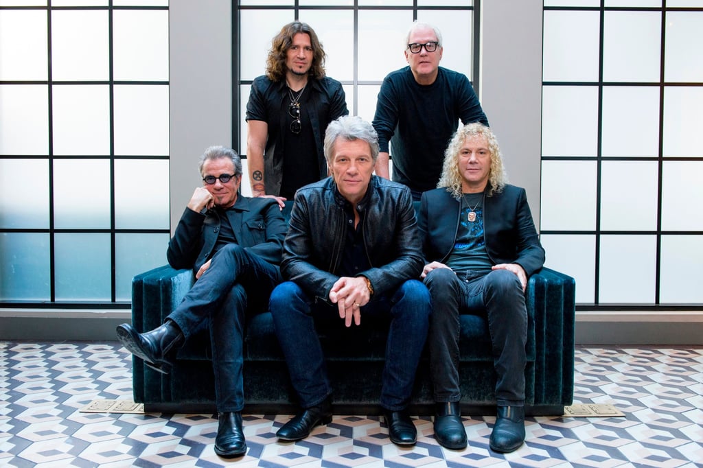 Bon Jovi members (clockwise from centre) Jon Bon Jovi, Tico Torres, Phil X, Hugh McDonald and David Bryan in 2016. Photo: AP