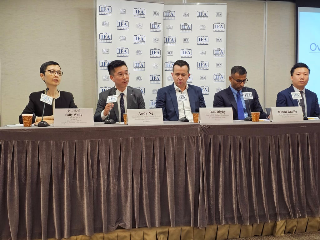 From Left: Sally Wong, CEO of Hong Kong Investment Funds Association; Andy Ng, head of iShares equity product strategy at BlackRock; Tom Digby, head of Asia-Pacific ETF business development & capital markets at Invesco; Rahul Bhalla, head of Asia ETF distribution at Franklin Templeton; and Alex Chiu, senior strategist of ETF Business at Value Partners. Photo: Enoch Yiu