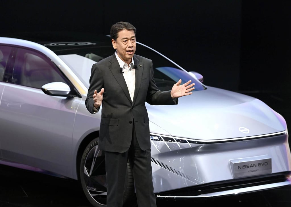Nissan CEO Makoto Uchida holds a press conference on the first day of the Beijing International Automotive Exhibition. Photo: Kyodo