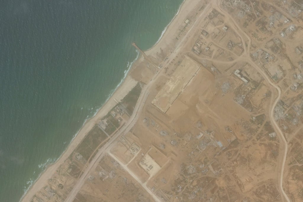 This satellite picture shows the construction of the new aid port near Gaza City. Photo: Planet Labs PBC via AP
