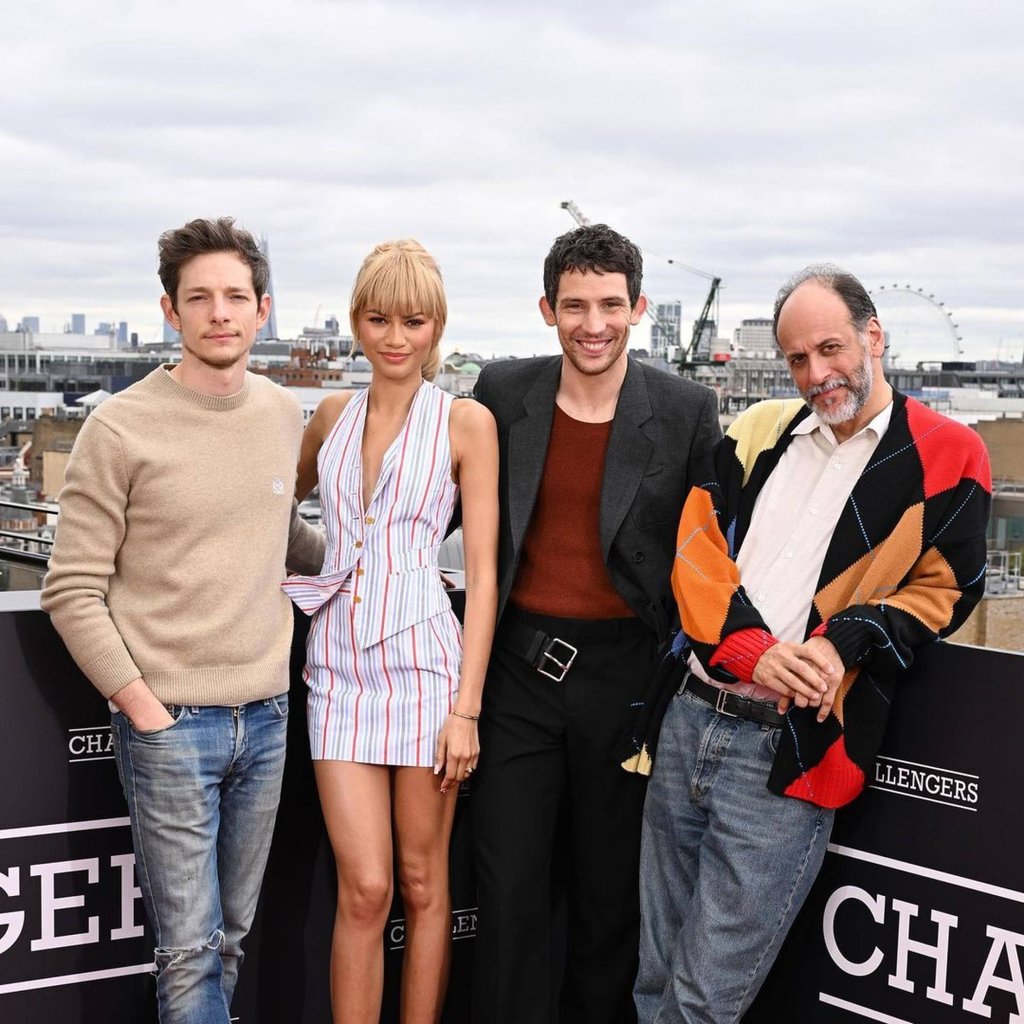 Mike Faist, Zendaya, Josh O’Connor and Challengers’ director Luca Guadagnino in London, UK. Photo: @warnerbrosuk/Instagram