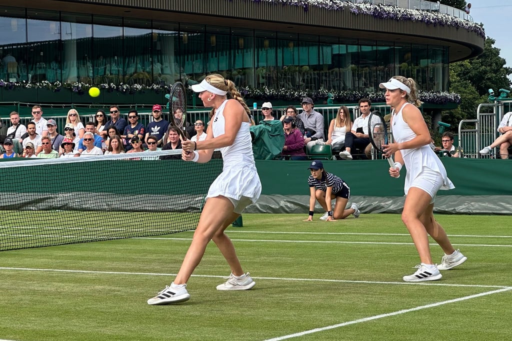 Caty McNally (right) and Ashlyn Krueger play in a women’s doubles match at Wimbledon, in July 2023. Photo: AP Photo Caty McNally (right) and Ashlyn Krueger play in a women’s doubles match at Wimbledon, in July 2023. Photo: AP Photo