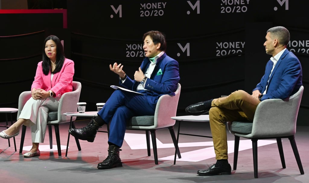 Angelina Kwan (centre), senior advisor to IMC Asia Pacific, speaks on a panel about decentralised finance at Money20/20 Asia in Bangkok on April 23, 2024. Photo: Matt Haldane
