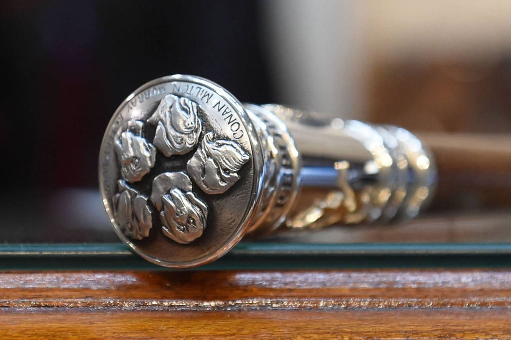 Five dogs belonging to Argentine leader Javier Milei have been engraved on the presidential baton. Photo: Luciano Ingaramo/Argentina’s Senate via AFP Five dogs belonging to Argentine leader Javier Milei have been engraved on the presidential baton. Photo: Luciano Ingaramo/Argentina’s Senate via AFP
