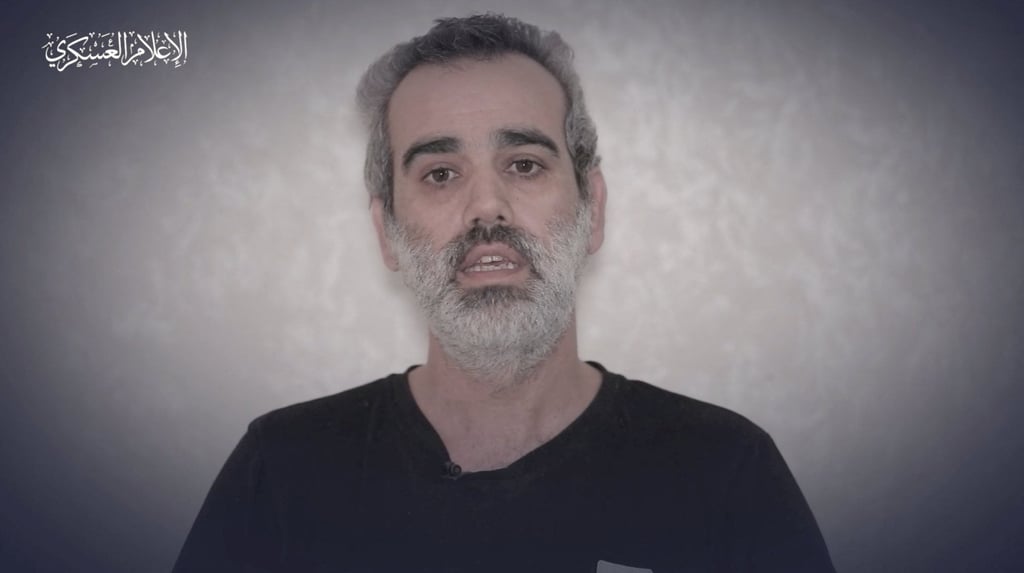 A man identified as hostage Omri Miran speaks in a video released by Hamas on Saturday. Photo: Hamas Military Wing via Reuters