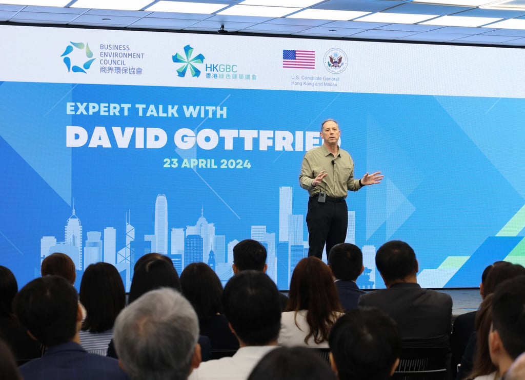 David Gottfried, founder of the World Green Building Council, speaks at an event in Hong Kong on April 23, 2024. Photo: Handout