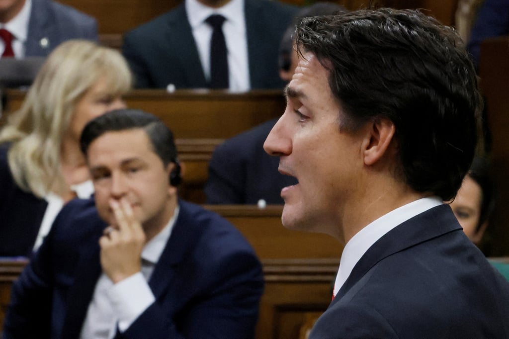 Canada’s Prime Minister Justin Trudeau (right) speaks as Conservative Party of Canada leader Pierre Poilievre listens during Question Period in the House of Commons on Parliament Hill in Ottawa in September. Photo: Reuters Canada’s Prime Minister Justin Trudeau (right) speaks as Conservative Party of Canada leader Pierre Poilievre listens during Question Period in the House of Commons on Parliament Hill in Ottawa in September. Photo: Reuters