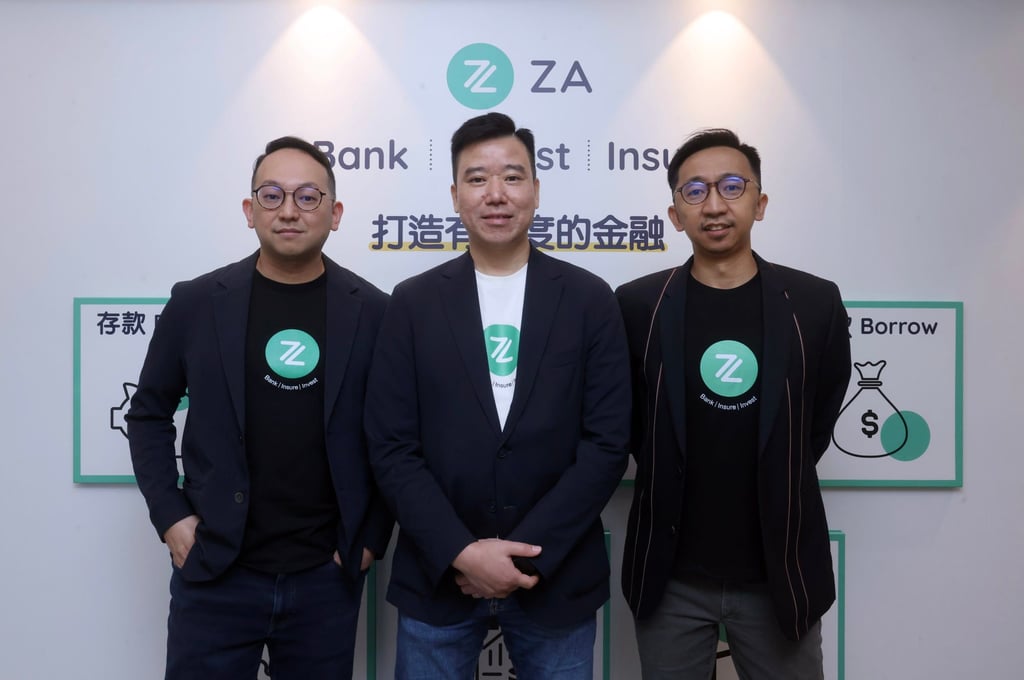 (From left) ZA Bank’s alternate CEO Calvin Ng, CEO Ronald Iu, and alternate CEO Devon Sin at the virtual bank’s office in Hong Kong. Photo: Jonathan Wong (From left) ZA Bank’s alternate CEO Calvin Ng, CEO Ronald Iu, and alternate CEO Devon Sin at the virtual bank’s office in Hong Kong. Photo: Jonathan Wong