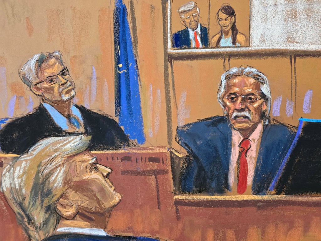 A courtroom sketch of David Pecker (right) testifying in April during the criminal trial, in New York, of former US president Donald Trump, on charges that he falsified business records to conceal money paid to silence porn star Stormy Daniels in 2016. Photo: Reuters A courtroom sketch of David Pecker (right) testifying in April during the criminal trial, in New York, of former US president Donald Trump, on charges that he falsified business records to conceal money paid to silence porn star Stormy Daniels in 2016. Photo: Reuters