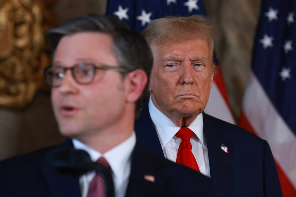 Republican US presidential candidate Donald Trump listens as Speaker of the House Mike Johnson speaks during a press conference at Mar-a-Lago on April 12. Photo: TNS Republican US presidential candidate Donald Trump listens as Speaker of the House Mike Johnson speaks during a press conference at Mar-a-Lago on April 12. Photo: TNS