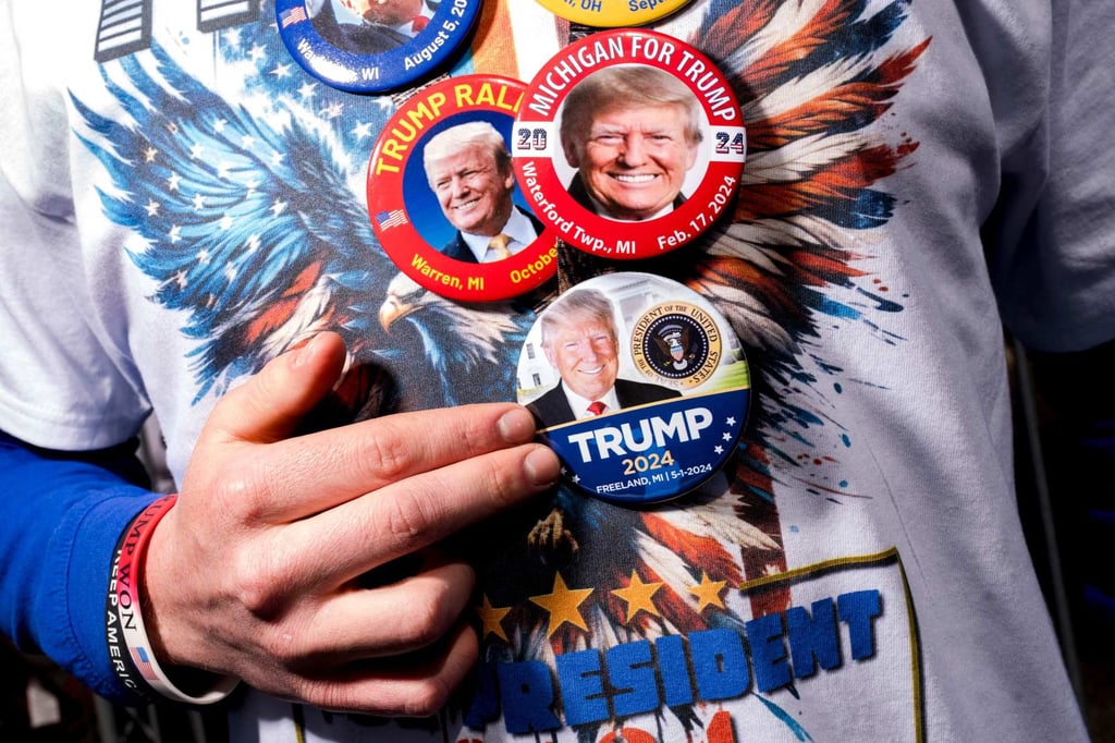 Buttons in support of Republican presidential candidate Donald Trump are seen before a rally in Freeland, Michigan, on Wednesday. Photo: AFP