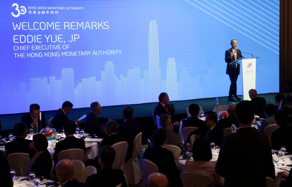 Eddie Yue Wai-man, CEO of the Hong Kong Monetary Authority, speaks during the Global Financial Leaders’ Investment Summit at the Four Seasons Hotel in Central, Hong Kong, on November 7, 2023. Photo: May Tse Eddie Yue Wai-man, CEO of the Hong Kong Monetary Authority, speaks during the Global Financial Leaders’ Investment Summit at the Four Seasons Hotel in Central, Hong Kong, on November 7, 2023. Photo: May Tse