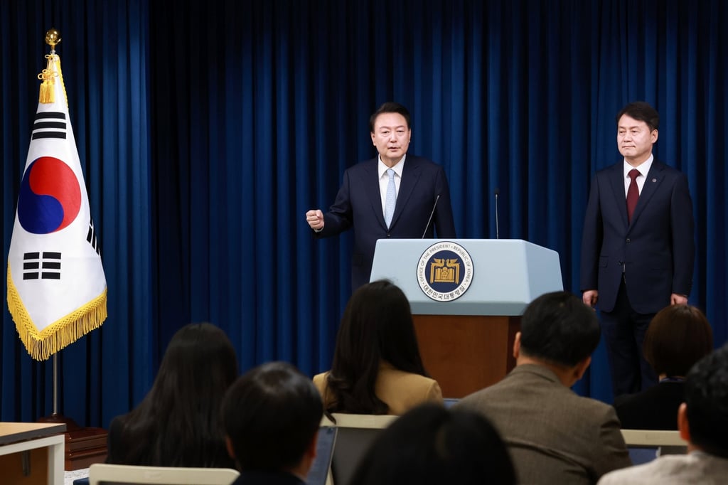 President Yoon Suk-yeol (centre) takes reporters’ questions on Tuesday after announcing the appointment a new senior presidential secretary, in a departure from his usual tactics. Photo: EPA-EFE President Yoon Suk-yeol (centre) takes reporters’ questions on Tuesday after announcing the appointment a new senior presidential secretary, in a departure from his usual tactics. Photo: EPA-EFE