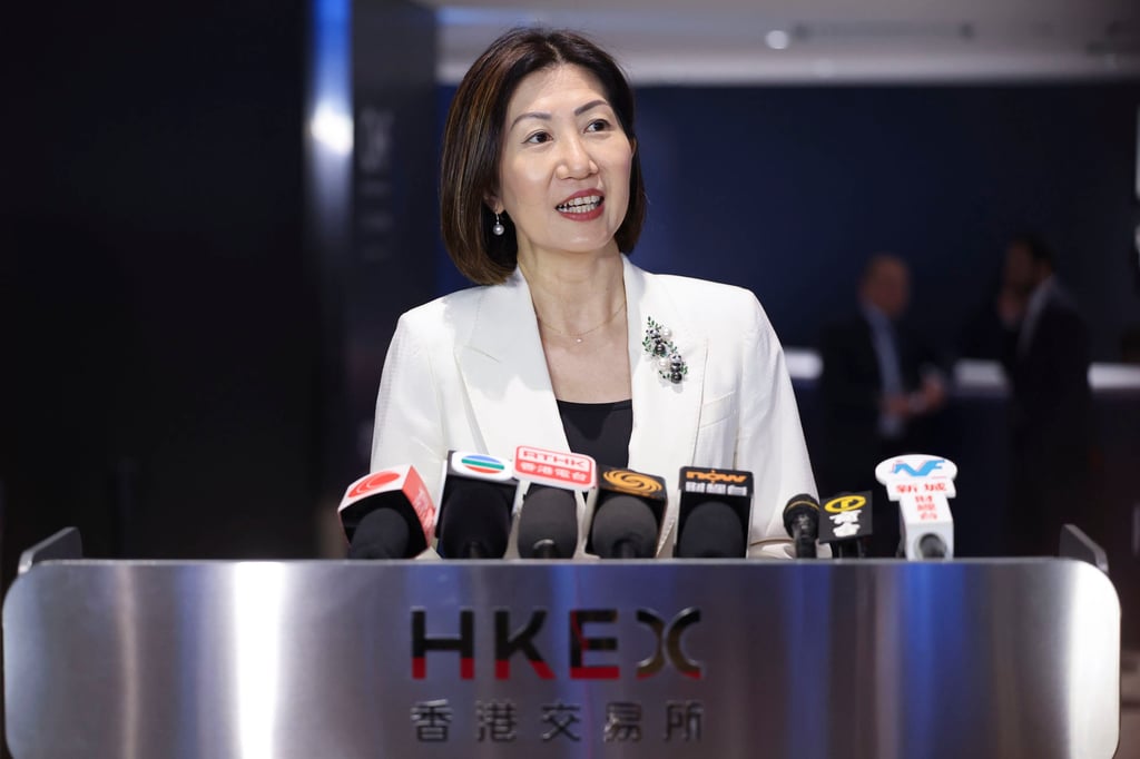 Bonnie Chan, CEO, HKEX addresses the CMF Capital Markets Forum at HKEX, Exchange Square. Photo: Edmond So Bonnie Chan, CEO, HKEX addresses the CMF Capital Markets Forum at HKEX, Exchange Square. Photo: Edmond So