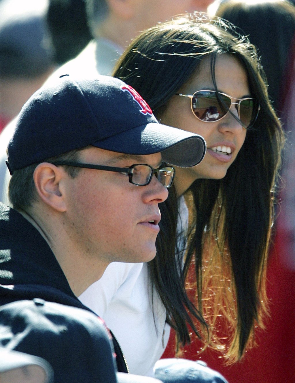 Actor Matt Damon and his then girlfriend Luciana Barroso watch the game between the Pittsburgh Pirates and the Boston Red Sox at Fenway Park in Boston, in 2005. Photo: AP Photo