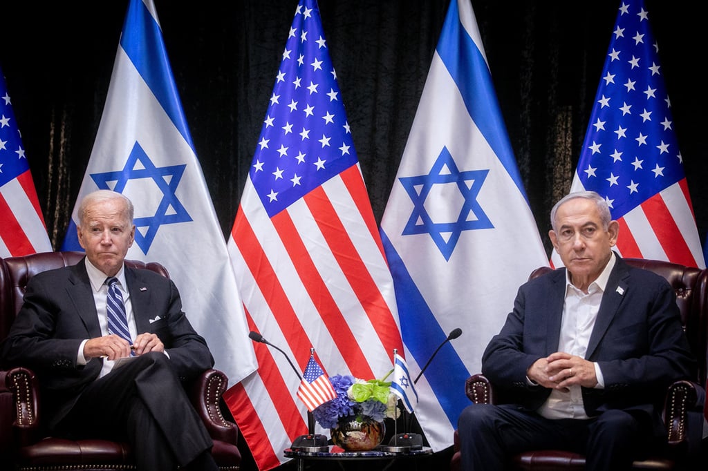 US President Joe Biden (left), sits with Israeli Prime Minister Benjamin Netanyahu in Tel Aviv on October 18, 2023. Biden vowed to withhold weapons from Israel if its forces launched a major invasion of the southern Gaza city of Rafah. Photo: TNS US President Joe Biden (left), sits with Israeli Prime Minister Benjamin Netanyahu in Tel Aviv on October 18, 2023. Biden vowed to withhold weapons from Israel if its forces launched a major invasion of the southern Gaza city of Rafah. Photo: TNS