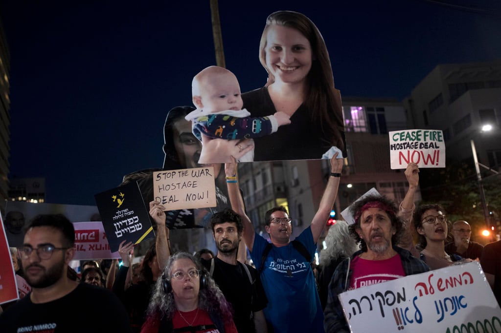 Families of hostages and their supporters march in Tel Aviv, Israel, on Wednesday. Photo: AP