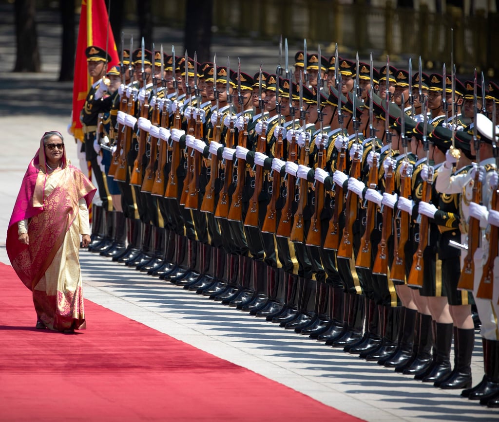 Bangladesh’s Prime Minister Sheikh Hasina reviews an honour guard during a welcome ceremony in Beijing in 2019. Hasina inaugurated the new Cox’s Bazar naval facility in March last year. Photo: AP Bangladesh’s Prime Minister Sheikh Hasina reviews an honour guard during a welcome ceremony in Beijing in 2019. Hasina inaugurated the new Cox’s Bazar naval facility in March last year. Photo: AP