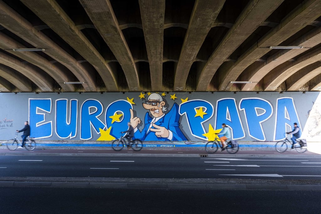 A mural of the song “Europapa” by Joost Klein representing the Netherlands in the 68th edition of the Eurovision Song Contest under the Stephenson viaduct in Leeuwarden, the Netherlands, on Saturday. Photo: EPA-EFE