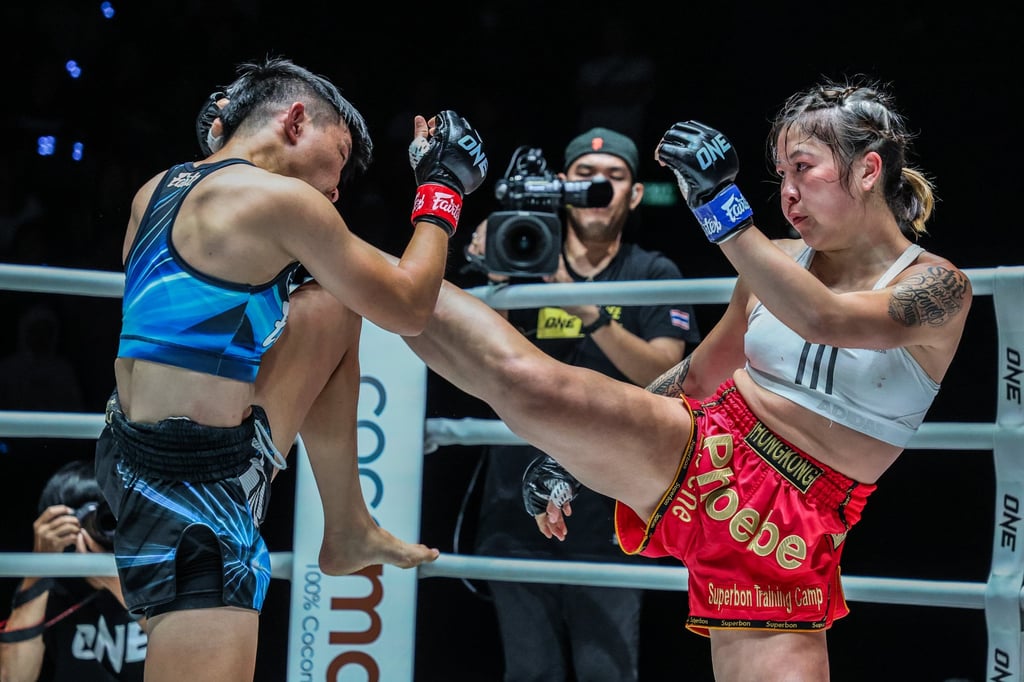 Nongam Fairtex (left) was in charge after knocking down Phoebe Lo. Photo: ONE Championship