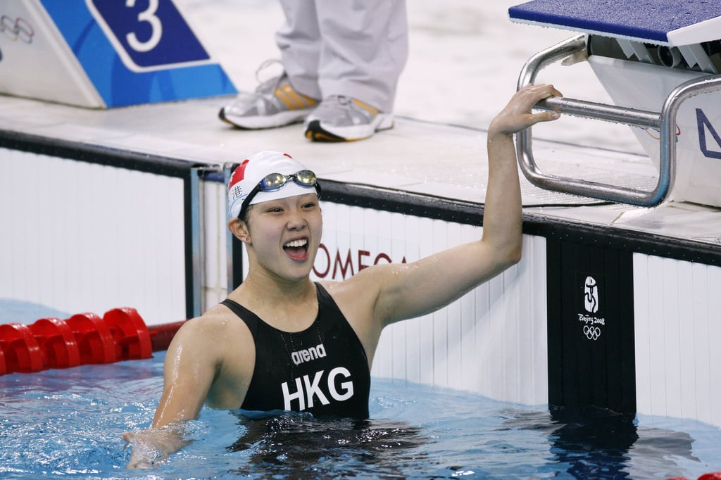 Hong Kong’s Stephanie Au celebrates setting a city record 8:41.66 in her women’s 800m freestyle heat at the 2008 Beijing Olympics. Photo: Robert Ng
