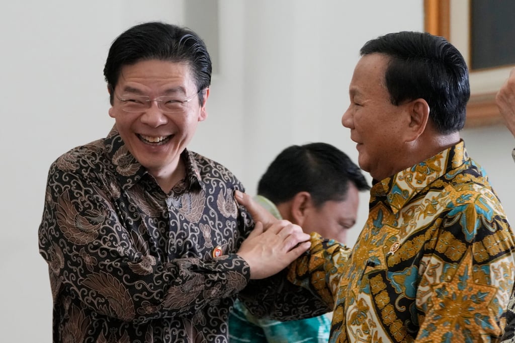 Singapore’s Lawrence Wong, who is poised to become the city state’s prime minister on Wednesday, shares a light moment with Indonesian president-elect Prabowo Subianto last month. Photo: AP Singapore’s Lawrence Wong, who is poised to become the city state’s prime minister on Wednesday, shares a light moment with Indonesian president-elect Prabowo Subianto last month. Photo: AP