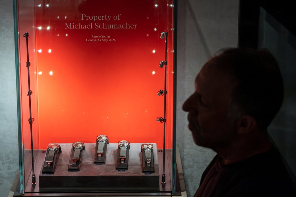 A man looks at the F.P. Journe Ruthenium Collection owned by F1 legend Michael Schumacher ahead of Christie’s auction. Photo: Reuters A man looks at the F.P. Journe Ruthenium Collection owned by F1 legend Michael Schumacher ahead of Christie’s auction. Photo: Reuters