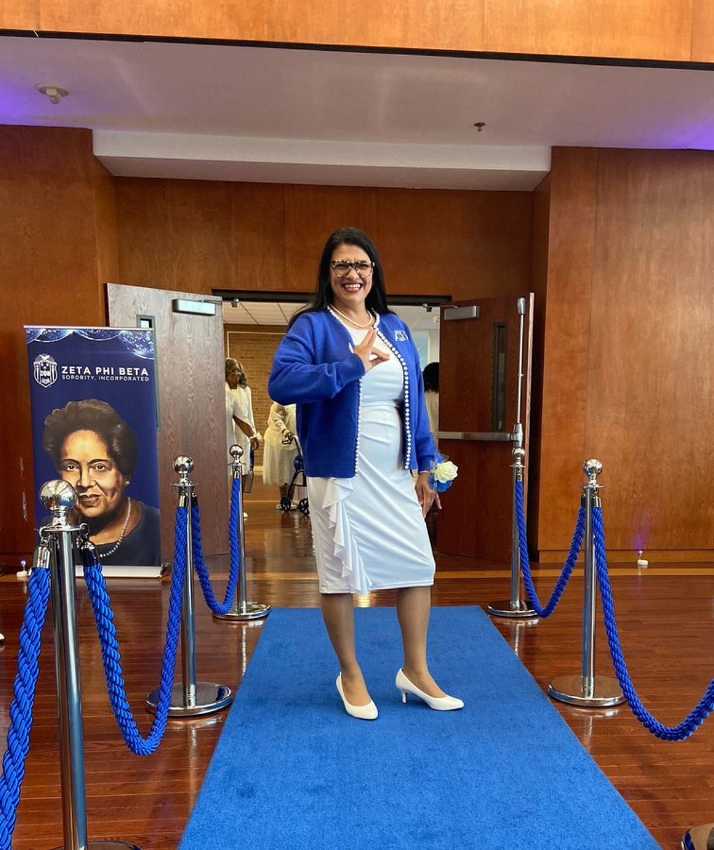 An honorary member of Zeta Phi Beta Sorority Incorporated, Rashida Tlaib celebrated the Founder’s Day holiday with the sorority earlier this year. Photo: @RepRashida/X An honorary member of Zeta Phi Beta Sorority Incorporated, Rashida Tlaib celebrated the Founder’s Day holiday with the sorority earlier this year. Photo: @RepRashida/X