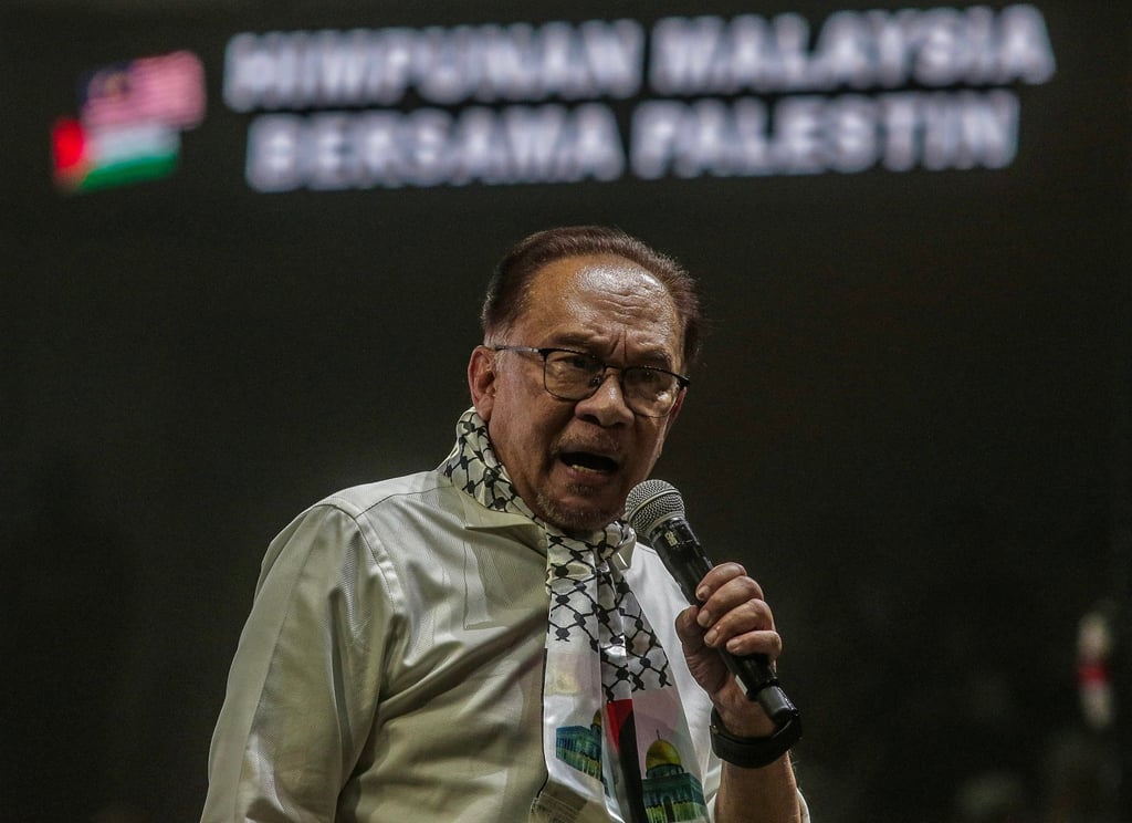 Malaysia’s Prime Minister Anwar speaks at a rally in solidarity with the Palestinian people in Kuala Lumpur last year. Photo: EPA-EFE Malaysia’s Prime Minister Anwar speaks at a rally in solidarity with the Palestinian people in Kuala Lumpur last year. Photo: EPA-EFE