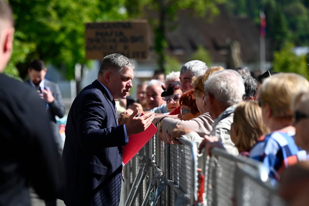 Slovakia’s Prime Minister Robert Fico meets people before the cabinet session in the town of Handlova. Photo: AP