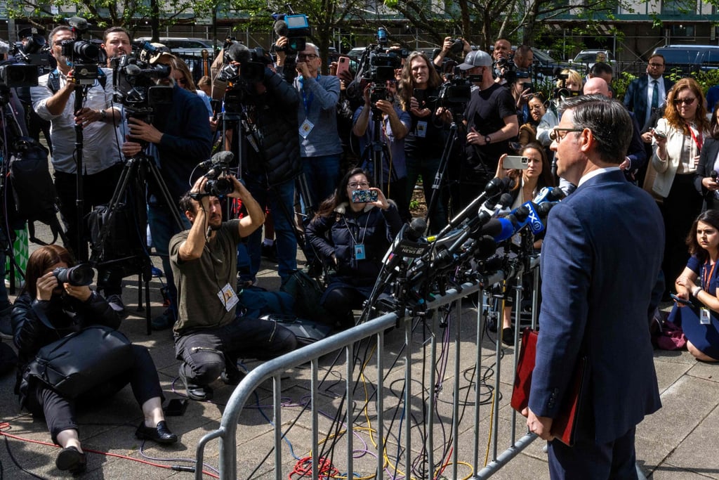 US House Speaker Mike Johnson outside the Manhattan Criminal Court. Photo: AFP US House Speaker Mike Johnson outside the Manhattan Criminal Court. Photo: AFP