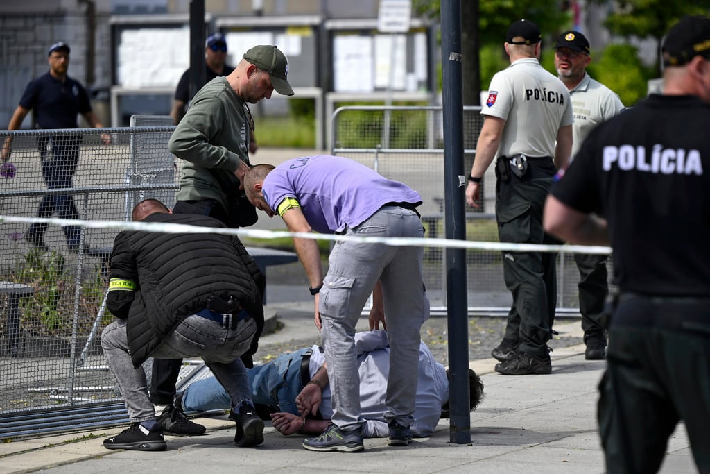 Police arrest a man after Slovak Prime Minister Robert Fico was shot. Photo: Radovan Stoklasa/TASR via AP