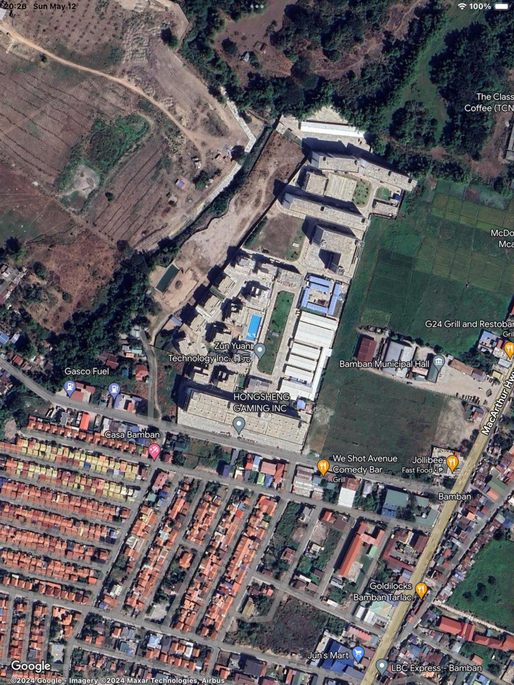 Location of Zun Yuan Technology Corp Inc and Hong Sheng Gaming Inc in Bamban town in the Philippines. Photo: Google Earth Location of Zun Yuan Technology Corp Inc and Hong Sheng Gaming Inc in Bamban town in the Philippines. Photo: Google Earth