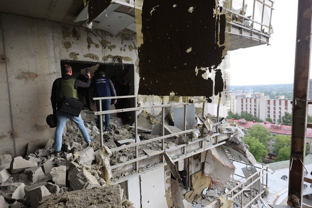 A residential building damaged by Russian shelling is seen in Kharkiv on Tuesday. Photo: TNS