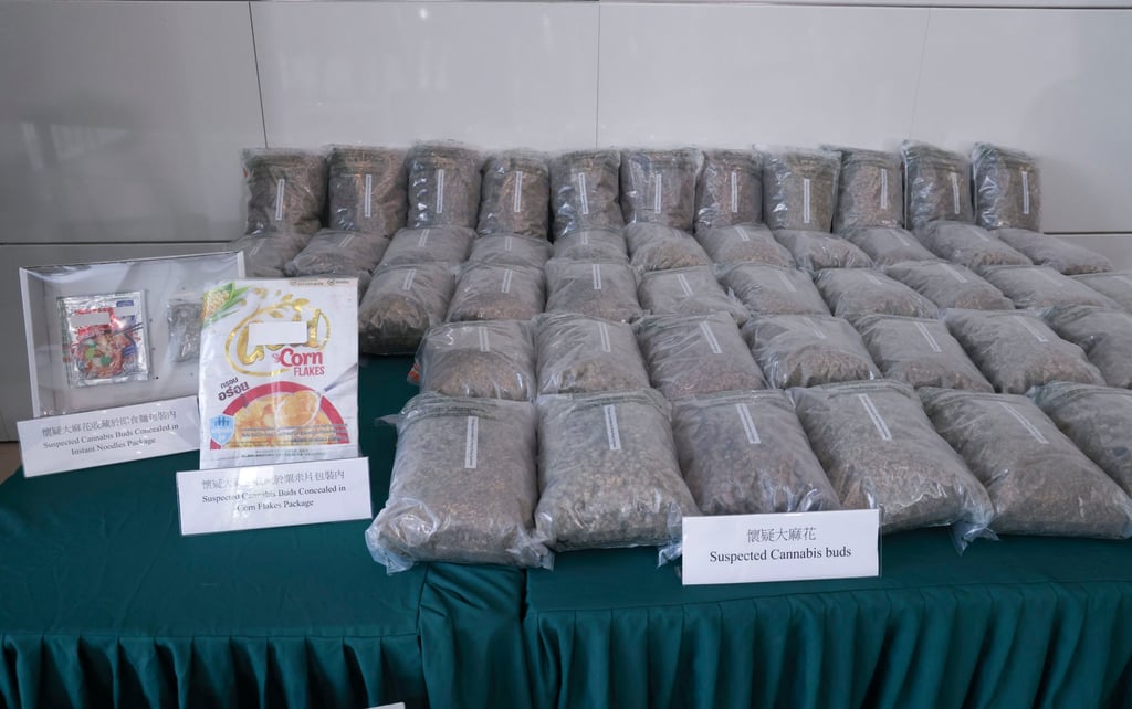 Part of a haul of cannabis buds found hidden in packets of cornflakes and instant noodles by customs officers. Photo: Jelly Tse Part of a haul of cannabis buds found hidden in packets of cornflakes and instant noodles by customs officers. Photo: Jelly Tse