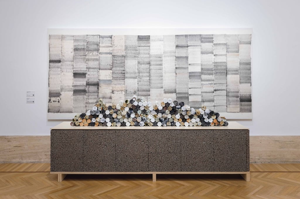 “Wall of Scrolls” (2022), by Bai Ming, with his “Book-like Mat Patterns” serving as a backdrop, at the National Gallery of Modern and Contemporary Art in Rome. Photo: Kwai Fung Hin Art Gallery “Wall of Scrolls” (2022), by Bai Ming, with his “Book-like Mat Patterns” serving as a backdrop, at the National Gallery of Modern and Contemporary Art in Rome. Photo: Kwai Fung Hin Art Gallery