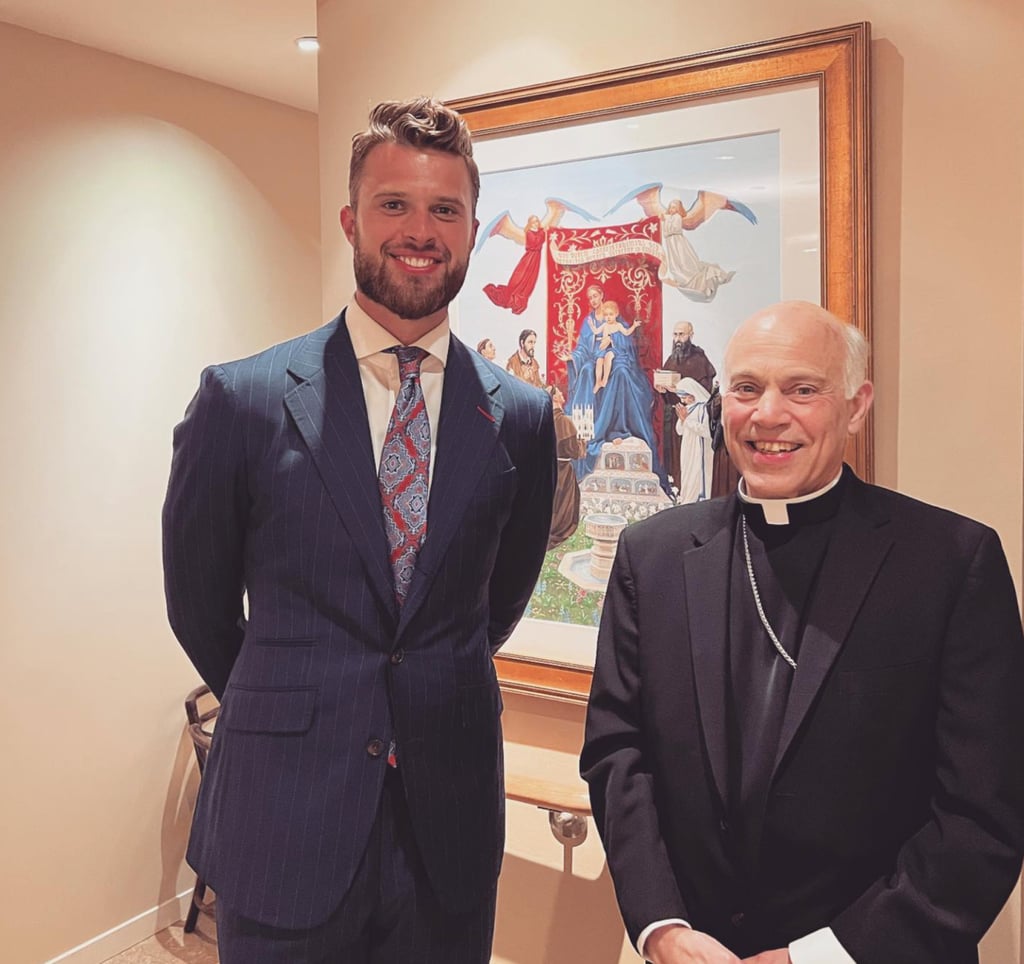 Harrison Butker poses with Archbishop Salvatore Cordileone. Photo: @buttkicker7/Instagram