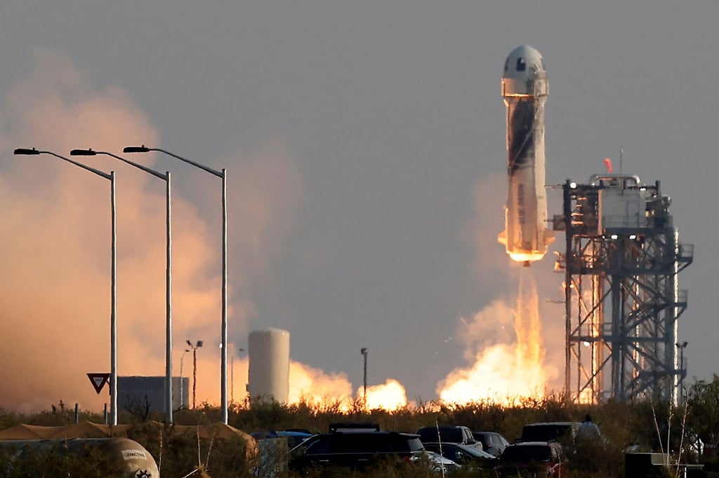 Jeff Bezos is launched with three crew members aboard a New Shepard rocket on the world’s first unpiloted suborbital flight from Blue Origin’s Launch Site 1 near Van Horn, Texas in 2021. Photo: Reuters Jeff Bezos is launched with three crew members aboard a New Shepard rocket on the world’s first unpiloted suborbital flight from Blue Origin’s Launch Site 1 near Van Horn, Texas in 2021. Photo: Reuters