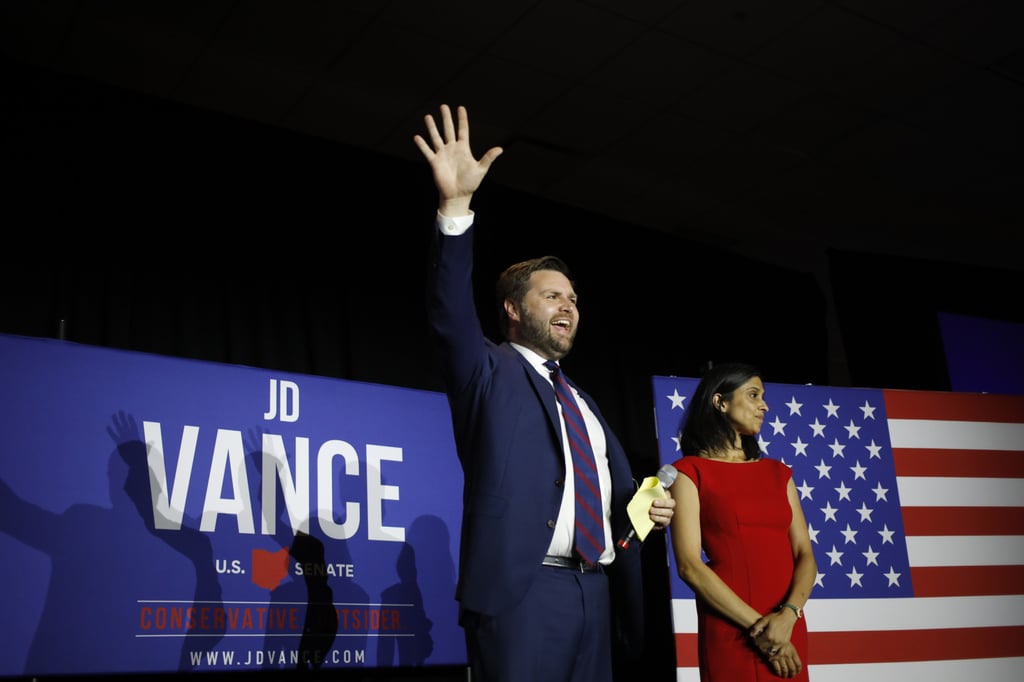 J.D. Vance with his wife, Usha Chilukuri Vance, at an election night event in Ohio, in May 2022. Photo: Bloomberg