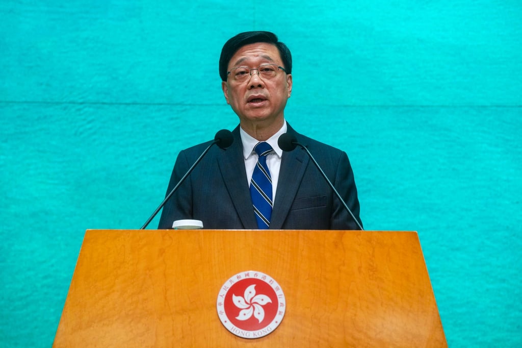 Hong Kong Watch’s latest report called for sanctions against Chief Executive John Lee and five ministers over the national security law. Photo: Elson Li Hong Kong Watch’s latest report called for sanctions against Chief Executive John Lee and five ministers over the national security law. Photo: Elson Li