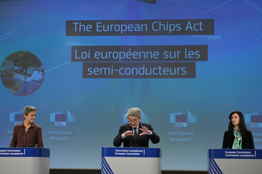 European Union Commissioners (from left) Margrethe Vestager, Thierry Breton and Mariya Gabriel at a press conference announcing the European Chips Act in Brussels, Belgium, on February 8, 2022. Photo: Shutterstock