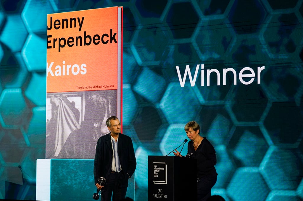 Jenny Erpenbeck, with translator Michael Hofmann, speaks after winning the International Booker Prize in London on Tuesday. Photo: AP Jenny Erpenbeck, with translator Michael Hofmann, speaks after winning the International Booker Prize in London on Tuesday. Photo: AP