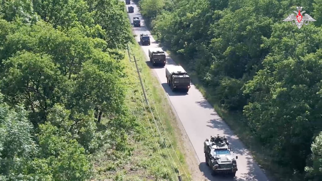 Russian military vehicles are seen during the first stage of tactical nuclear drills at an unknown location in Russia’s Southern Military District, in footage released on Tuesday. Photo: Russian Defence Ministry via Reuters Russian military vehicles are seen during the first stage of tactical nuclear drills at an unknown location in Russia’s Southern Military District, in footage released on Tuesday. Photo: Russian Defence Ministry via Reuters