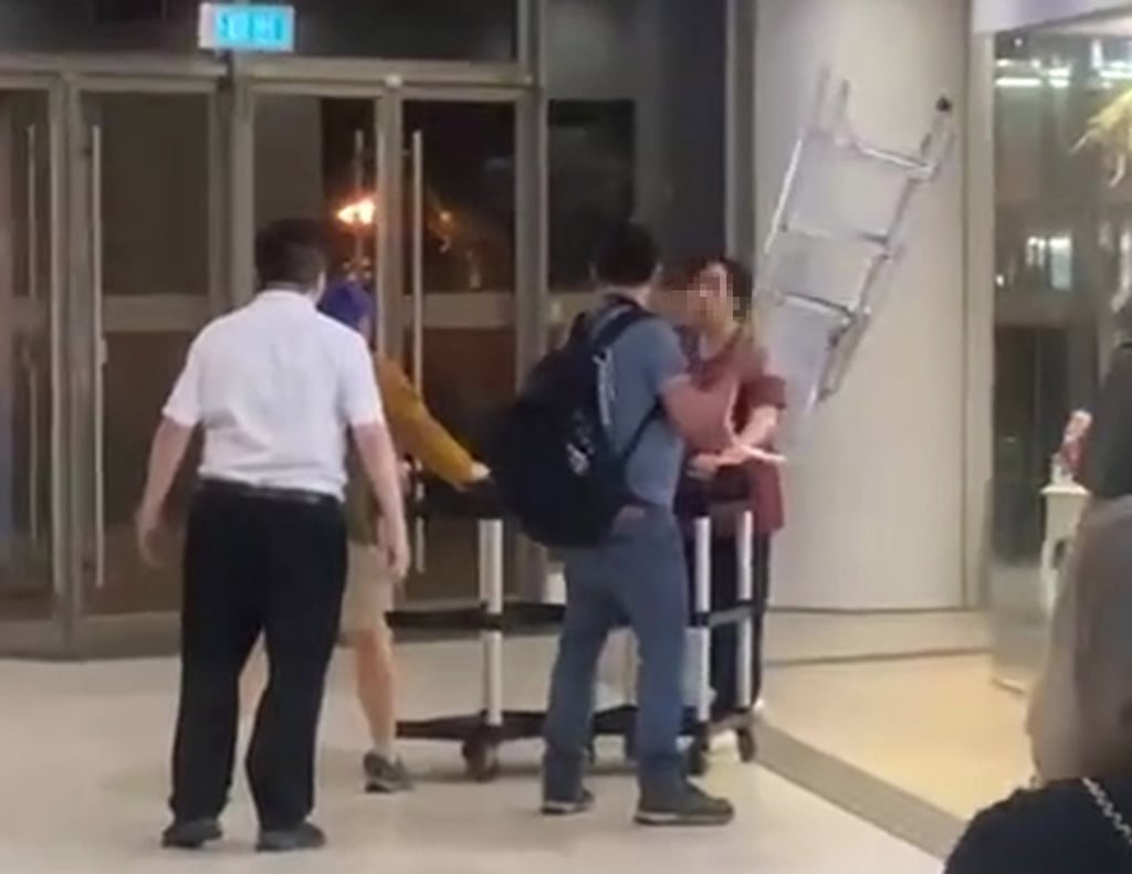 A video screengrab shows people keeping the suspect back with a ladder and trolleys. Photo: Handout. A video screengrab shows people keeping the suspect back with a ladder and trolleys. Photo: Handout.
