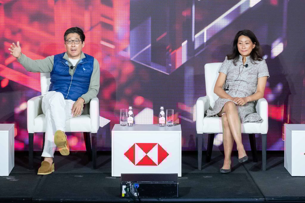 Michael Kim, founder of VC firm Cendana Capital (left), and Sherry Lin, senior adviser to US family office Argentum Peak, take part in discussions at the “All-in on Innovation” event.
